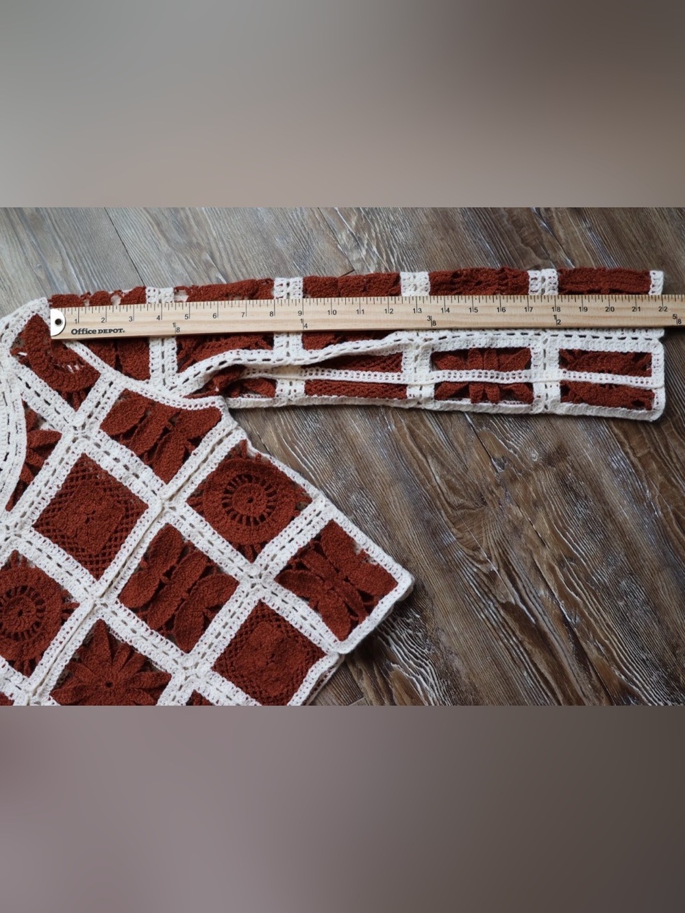 Cropped Crochet Floral Granny Square Sweater Top Hippie Boho Rust Ivory Size S - Picture 11 of 13